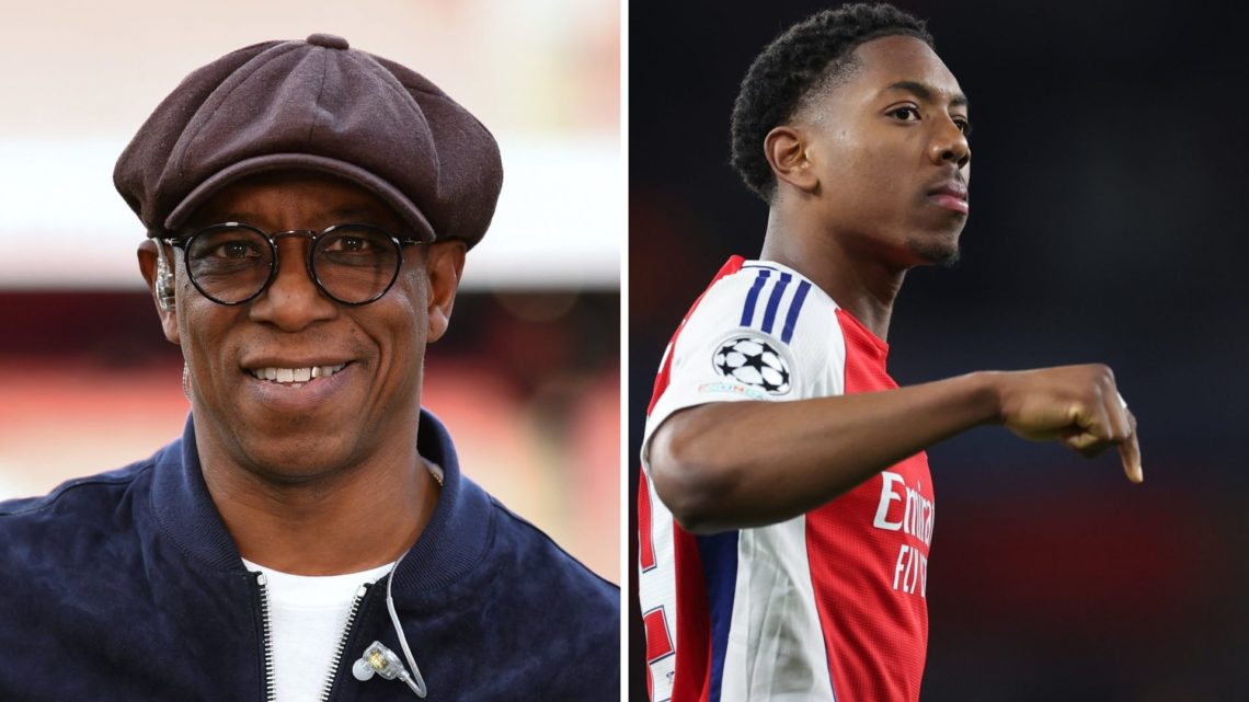 A split image of Ian Wright and Myles Lewis-Skelly