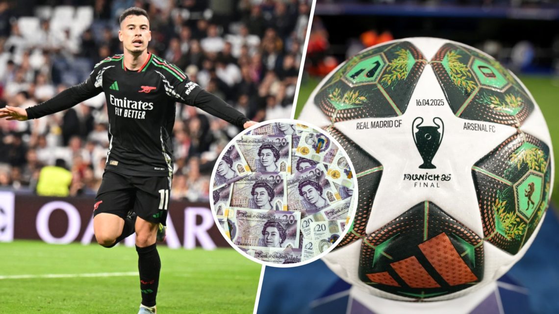 Split image of Arsenal star Gabriel Martinelli next to the UEFA Champions League ball, with money central