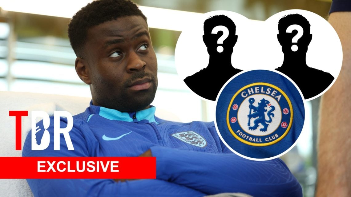 Crystal Palace defender Marc Guehi. Inset of Chelsea badge and two mystery players.