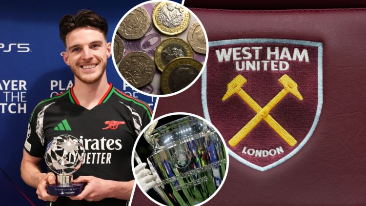 Split image of Arsenal's Declan Rice next to West Ham badge, money and UEFA Champions League trophy inset
