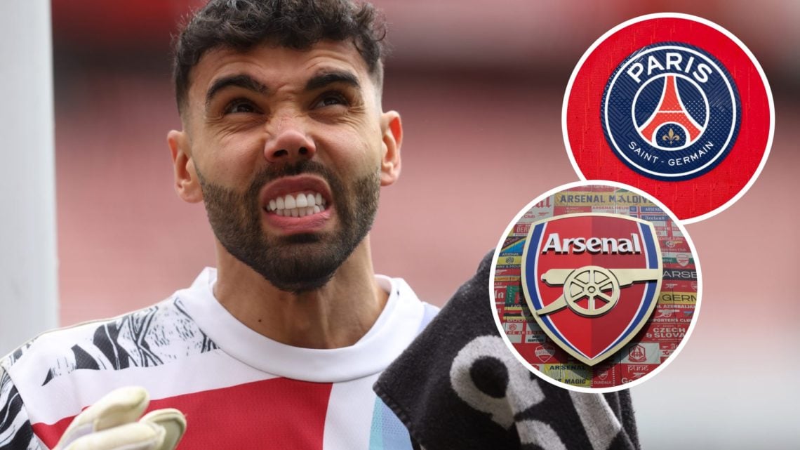 Arsenal goalkeeper David Raya. Inset of Arsenal and PSG badges.