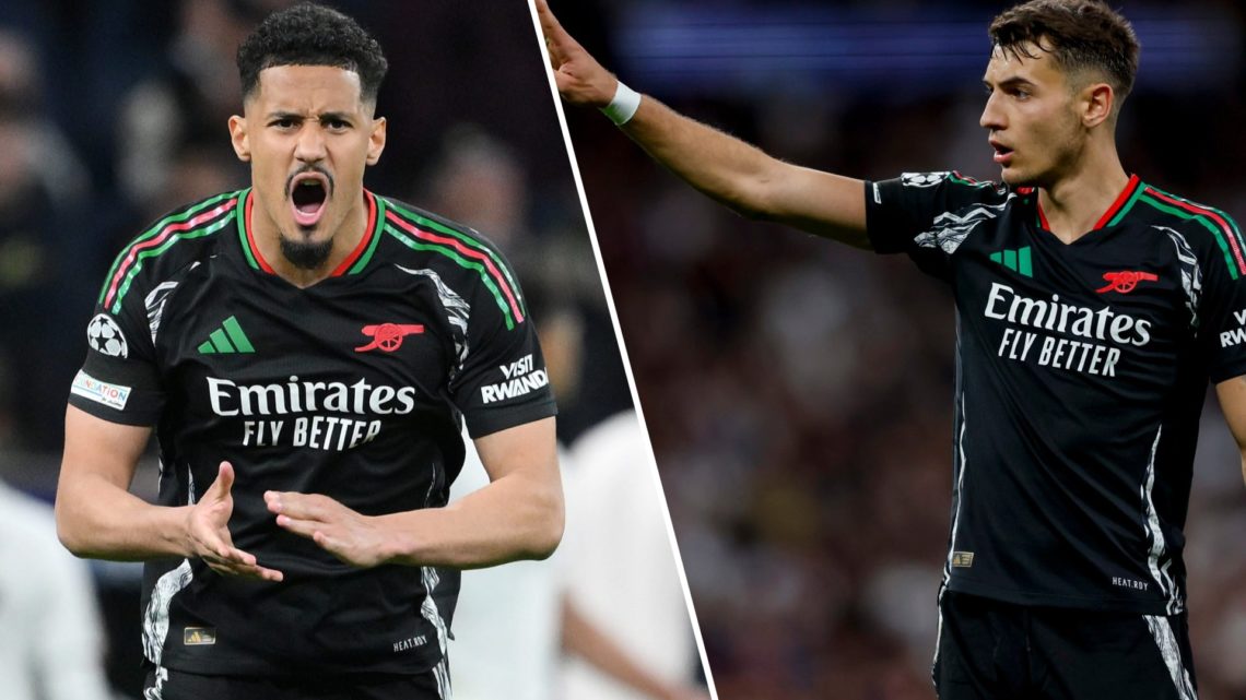 Split image of Arsenal stars (L) William Saliba and (R) Jakub Kiwior during the game against Real Madrid