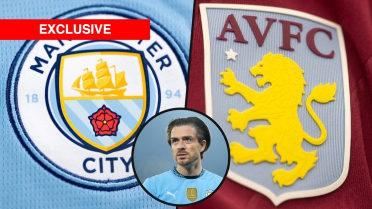 Split image of Manchester City badge and Aston Villa badge with Jack Grealish inset