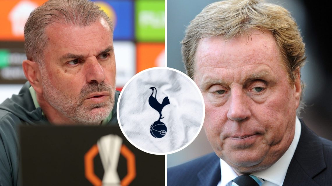 Split image of Ange Postecoglou and Harry Redknapp with Tottenham badge centrally
