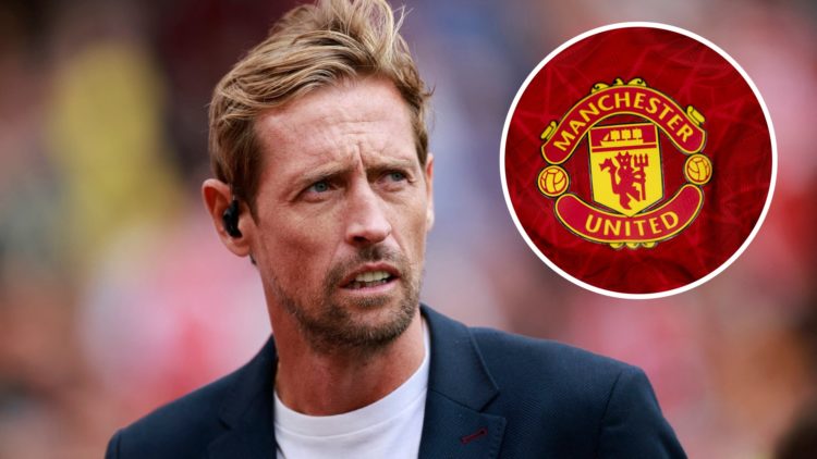 Image of Peter Crouch with an inset of the Manchester United badge