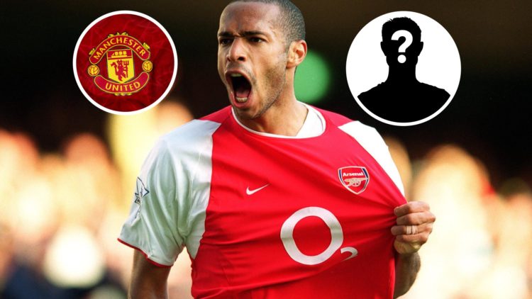 Thierry Henry with an inset of a Man Utd badge and a mystery figure
