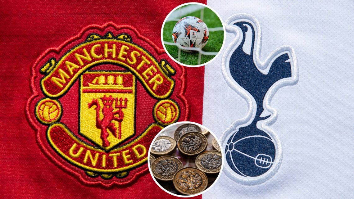 Split image of Manchester United badge and Tottenham badge with money and Europa League ball insets