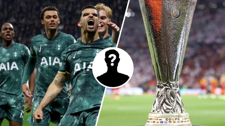 Split image of Tottenham players celebrating next to UEFA Europa League trophy, with mystery circle inset