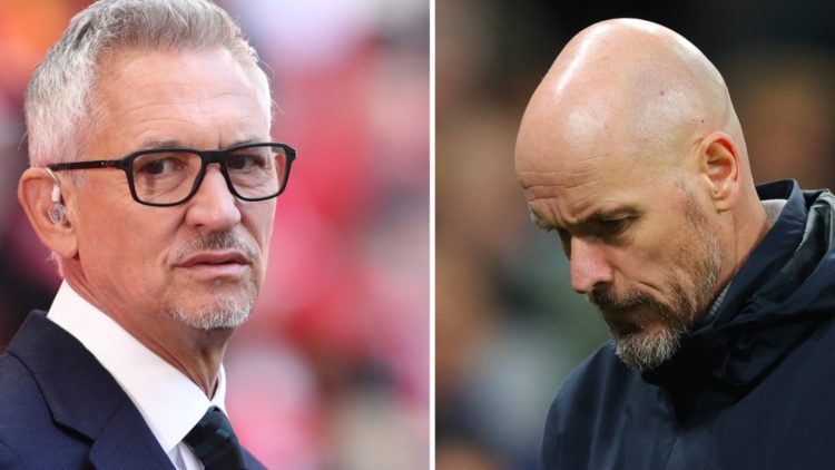 Split image of (L) Gary Lineker looking ahead while working as a pundit and (R) Erik ten Hag looking dejected when he was Manchester United's head ...
