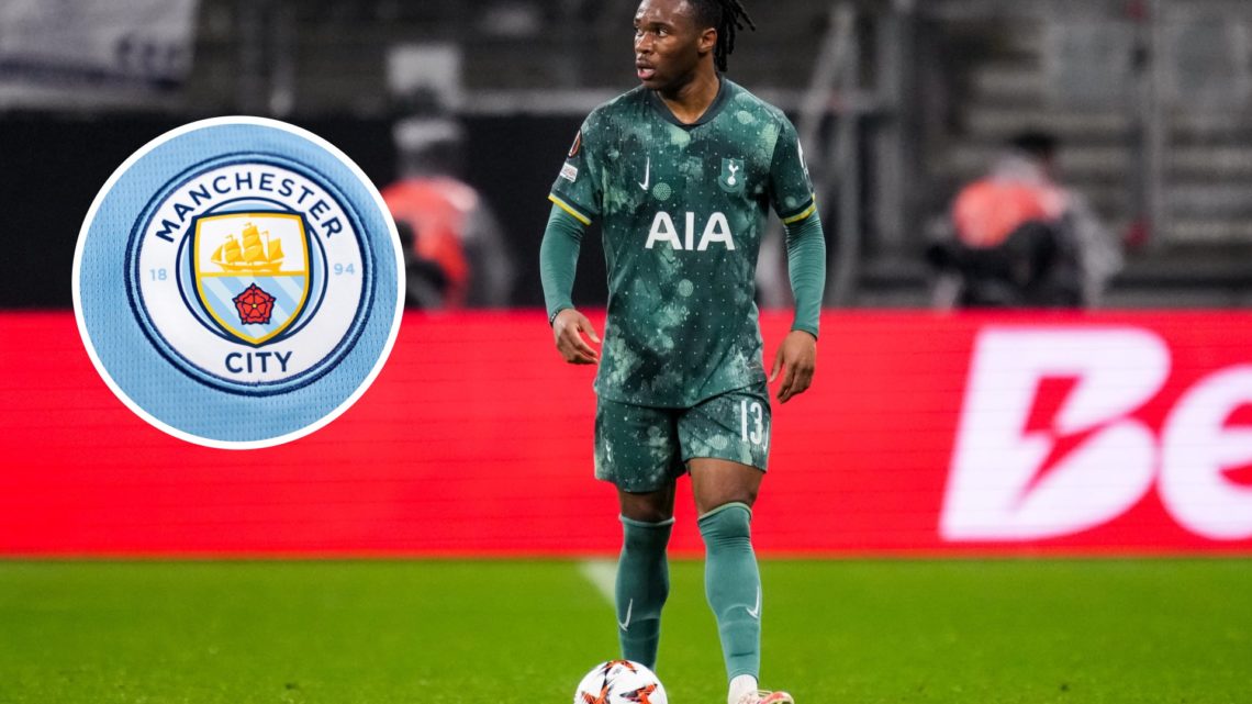 Tottenham Hotspur defender Destiny Udogie. Inset of Man City badge.