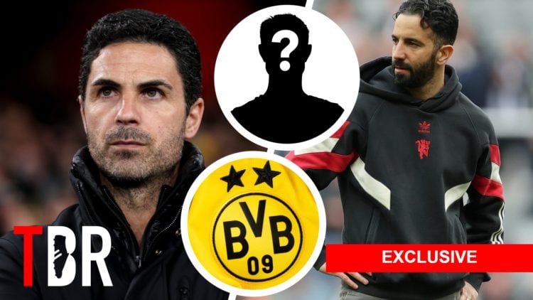 Split image of Arsenal manager Mikel Arteta (L) and Manchester United manager Ruben Amorim (R). Inset of Borussia Dortmund badge and mystery player.