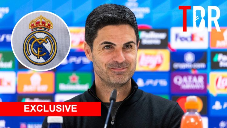 Arsenal manager Mikel Arteta. Inset of Real Madrid badge.
