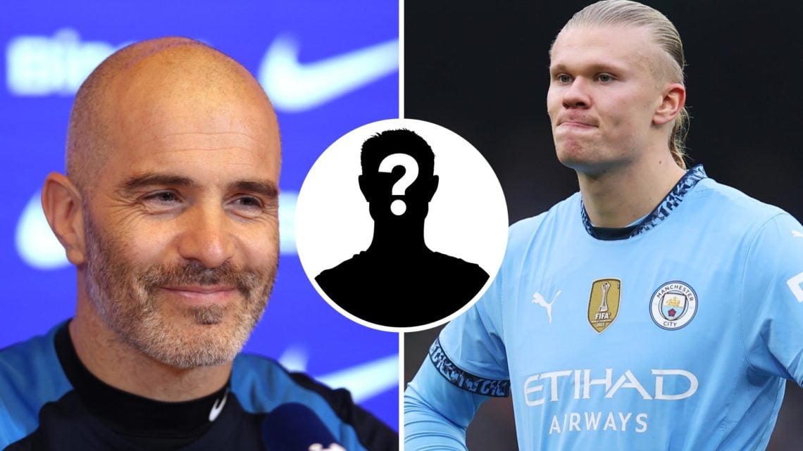 Split image of (L) Chelsea manager Enzo Maresca smiling in a press conference and (R) Erling Haaland looking dejected during a Manchester City game