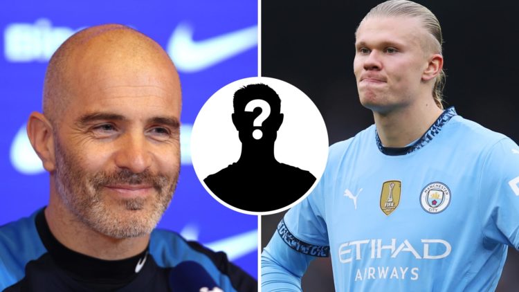 Split image of (L) Chelsea manager Enzo Maresca smiling in a press conference and (R) Erling Haaland looking dejected during a Manchester City game