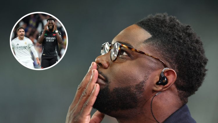 Image of Micah Richards looking upwards while working as a pundit with an inset of Arsenal star Bukayo Saka after he missed his penalty vs Real Madrid