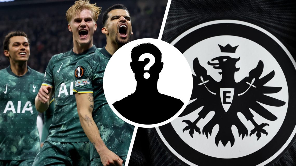 Split image of Tottenham Hotspur striker Dominic Solanke (L) and Eintracht Frankfurt badge (R)