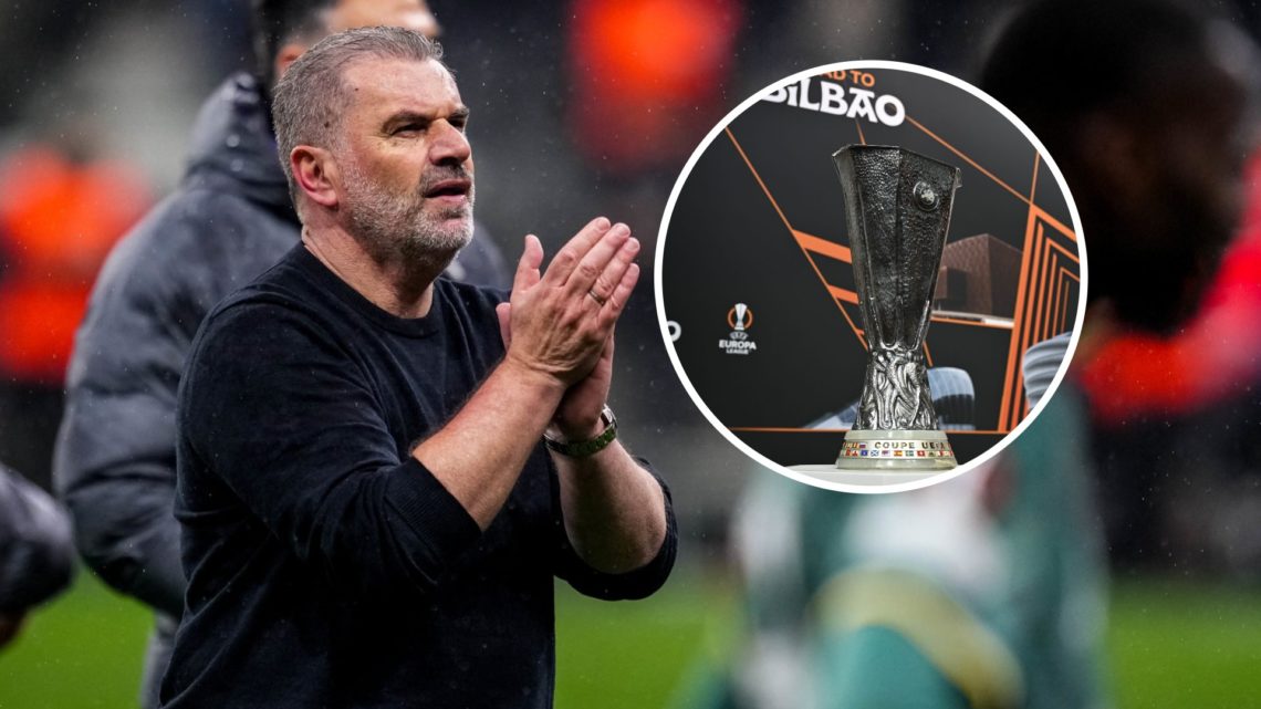 Ange Postecoglou with inset of Europa League trophy