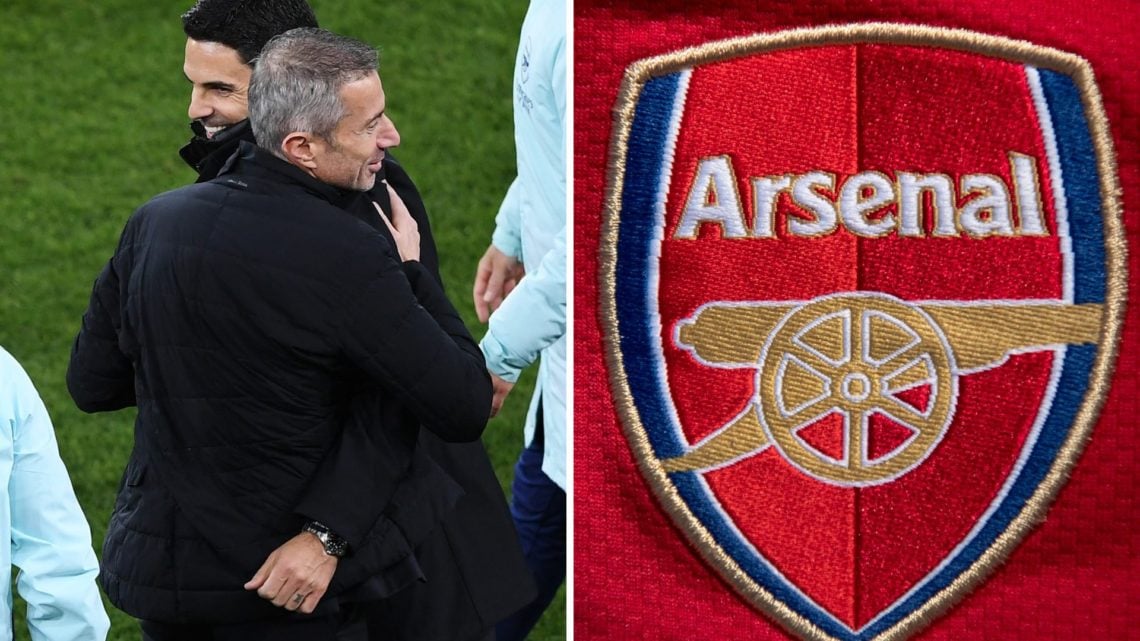 Split image of Mikel Arteta, Andrea Berta and Arsenal badge