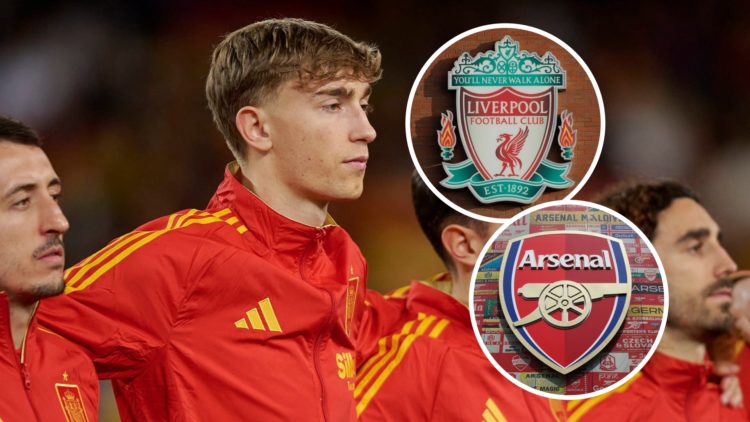 Dean Huijsen with insets of Liverpool and Arsenal badges