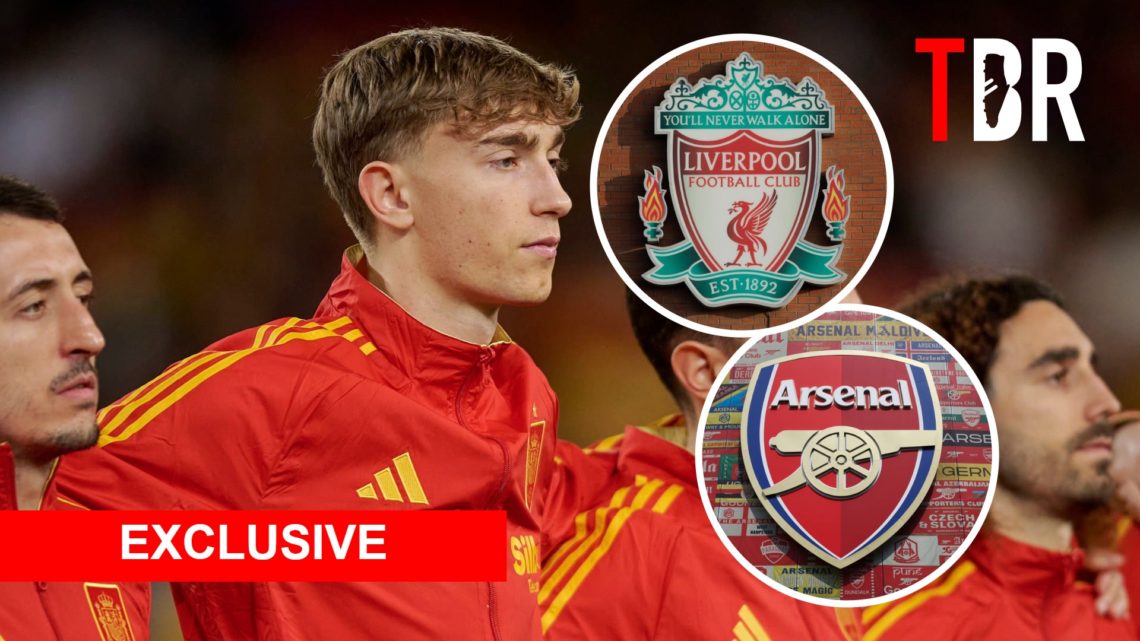 Dean Huijsen with insets of Liverpool and Arsenal badges plus TBR and Exclusive banners