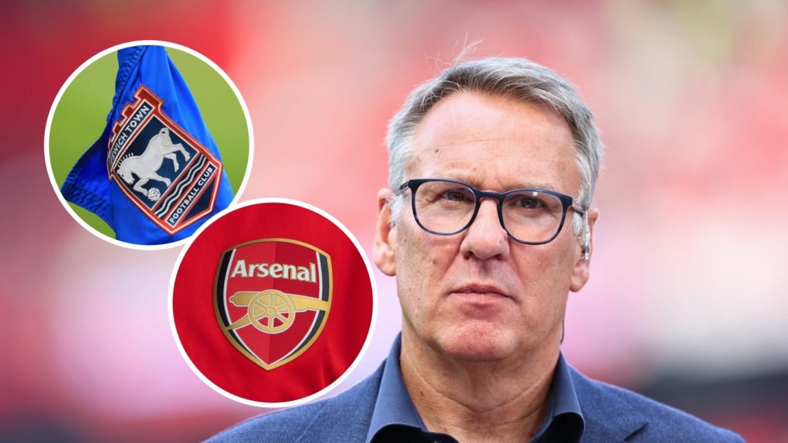 Paul Merson with insets of Ipswich and Arsenal badges
