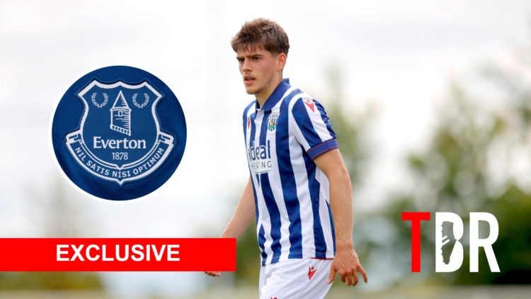 Tom Fellows with inset of Everton badge, Exclusive banner and TBR logo