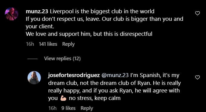 Screengrab of a conversation between a Liverpool fan and Ryan Gravenberch's agent Jose Fortes on Instagram