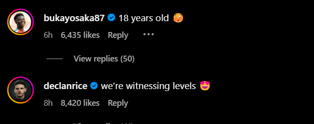 Screengrab of Bukayo Saka and Declan Rice's replies under Myles Lewis-Skelly's Instagram post after Arsenal beat Real Madrid.