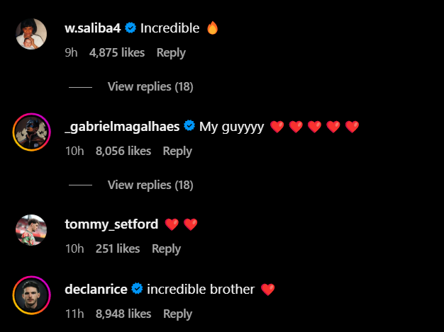 Screengrab of replies under Arsenal defender Jakub Kiwior's Instagram post after beating Real Madrid in the Champions League