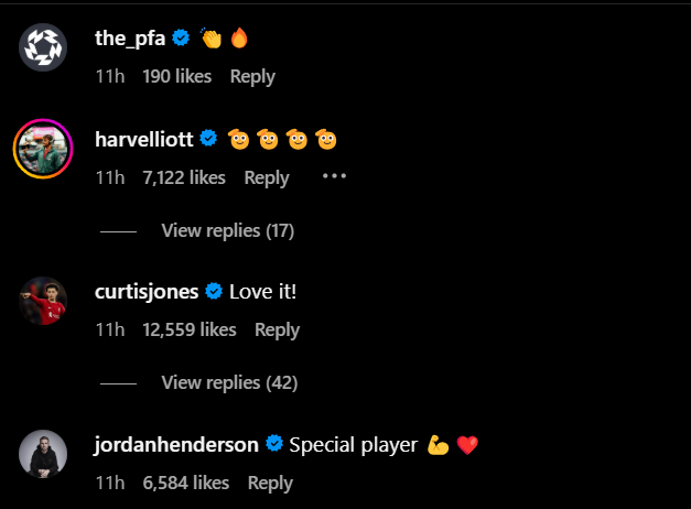 Screengrab of replies under Liverpool star Trent Alexander-Arnold's Instagram post
