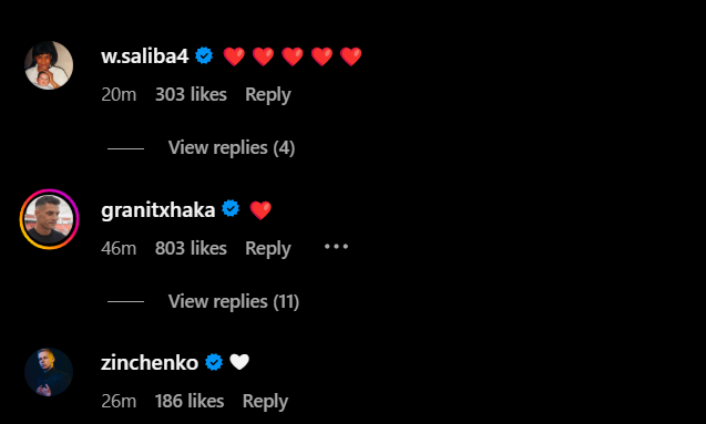 Screengrab of replies under Arsenal star Gabriel Magalhaes' Instagram post about his injury