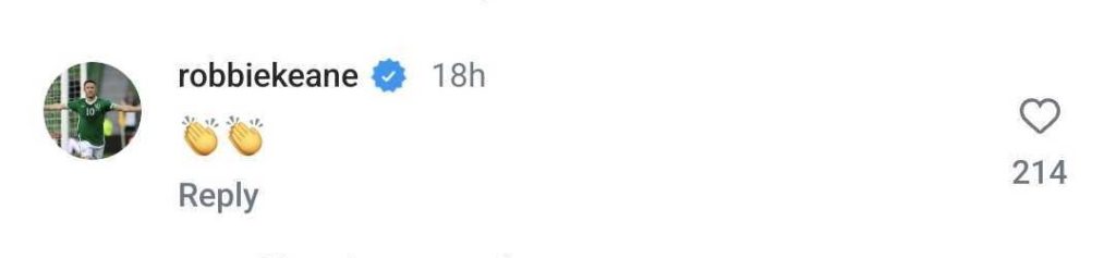 Screengrab of Robbie Keane comment on Tottenham Instagram post on new Lucas Bergvall contract
