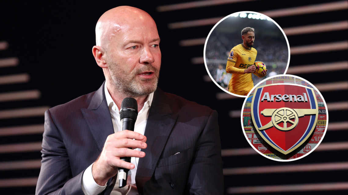 Alan Shearer. Insets of Matheus Cunha of Wolves and Arsenal badge.