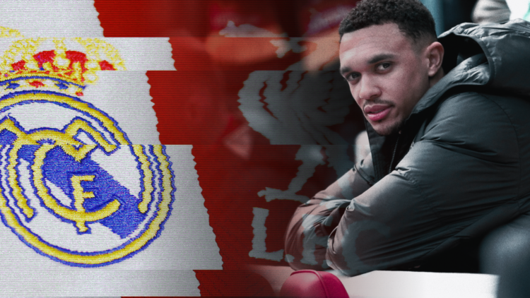 Composite image of Trent Alexander-Arnold and the Liverpool and Real Madrid badges