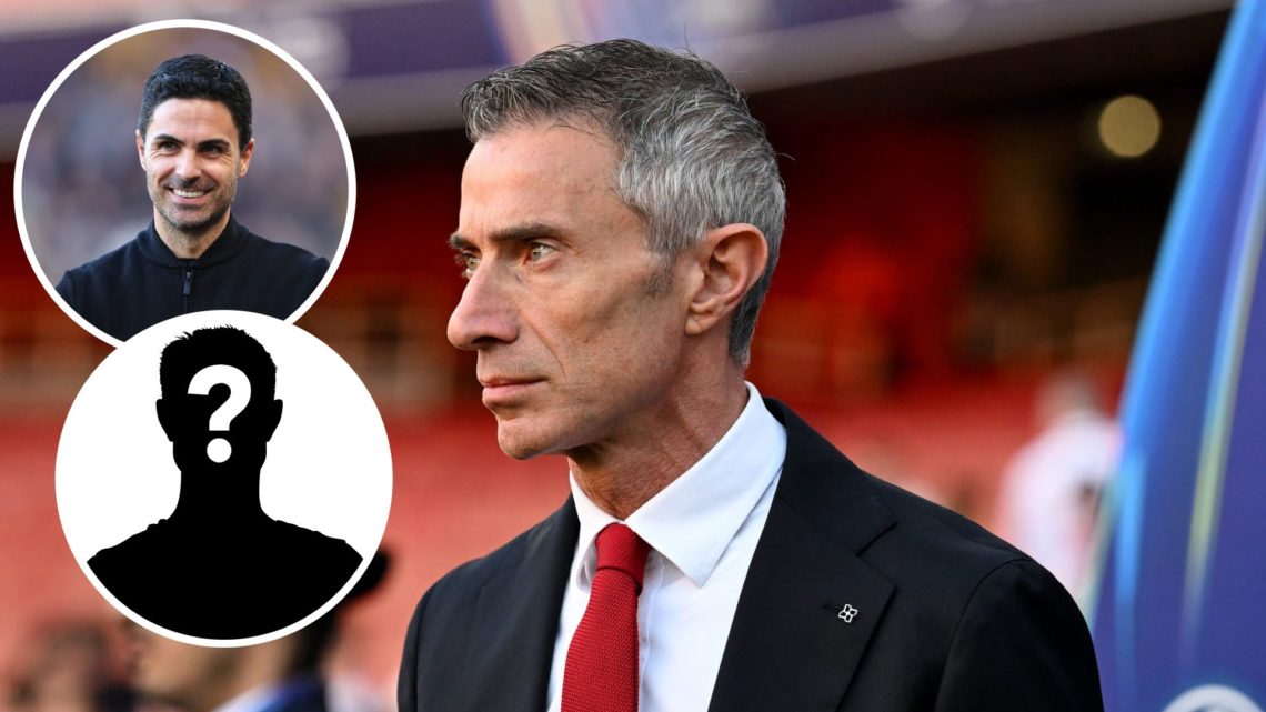 Andrea Berta, Sporting Director of Arsenal with insets of Mikel Arteta the head coach/manager of Arsenal and mystery player