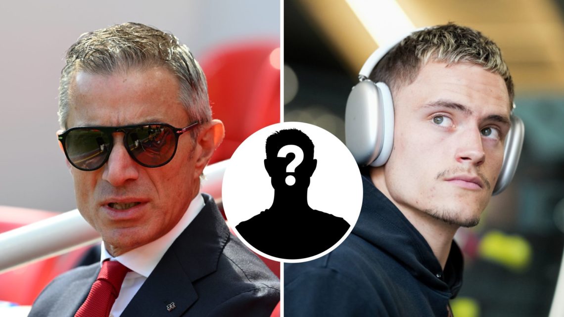 Andrea Berta, Sporting Director of Arsenal and Florian Wirtz of Bayer 04 Leverkusen with inset of mystery player