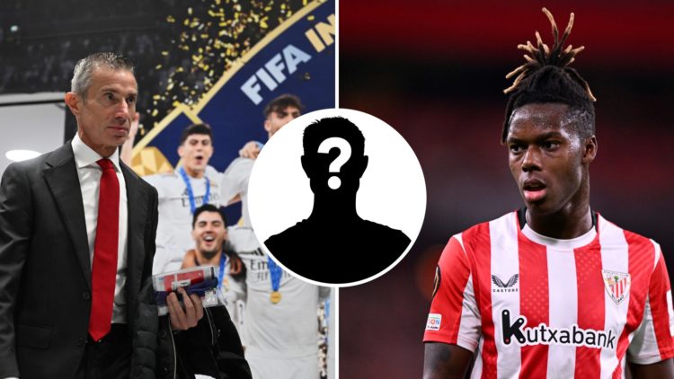 Split Image of Arsenal Sporting Director Andrea Berta and Nico Williams of Athletic de Bilbao with inset of mystery player