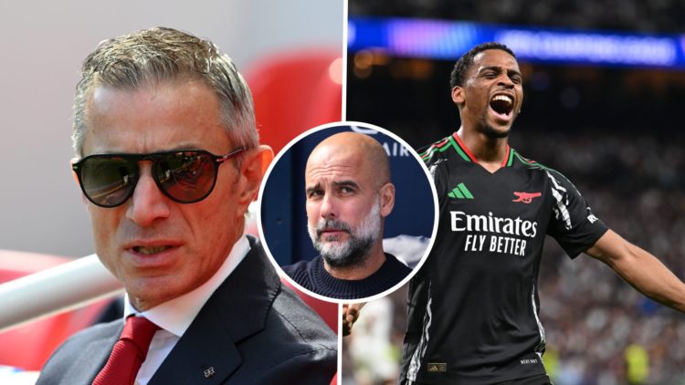 Split Image of Andrea Berta, Sporting Director of Arsenal and Pep Guardiola, Manager of Manchester City with inset of Jurrien Timber of Arsenal
