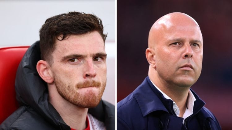 Split Image of Andrew Robertson of Liverpool against Norwich City and Liverpool manager Arne Slot at Anfield against Everton