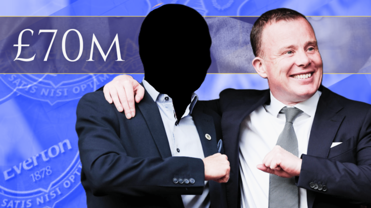 Angus Kinnear embraces a mystery figure, overlaid on a background of the Everton badge and '£70m' wordage