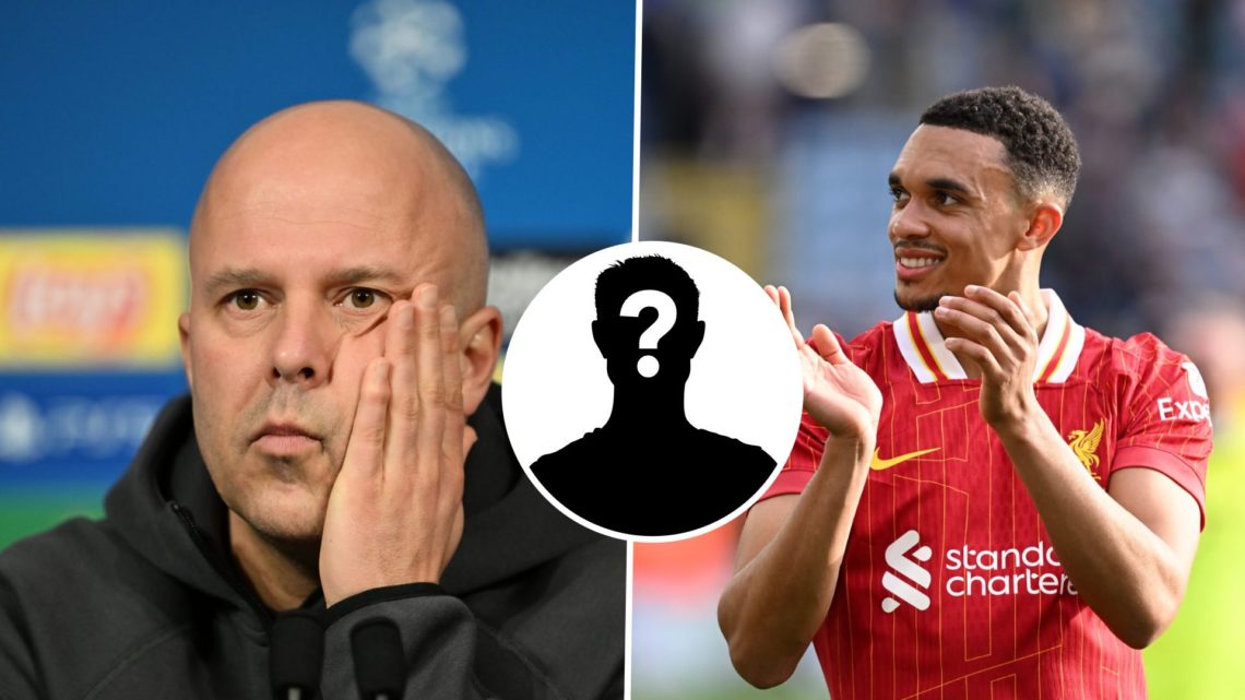 Head coach of Liverpool Arne Slot with insets of Trent Alexander-Arnold of Liverpool and mystery player