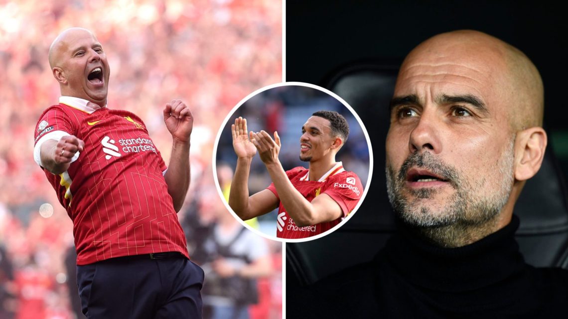 Split Image of Arne Slot, Manager of Liverpool and Pep Guardiola head coach of Manchester City with inset of Trent Alexander-Arnold of Liverpool