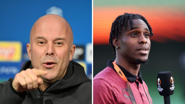 Split Image of Head coach of Liverpool Arne Slot and Jeremie Frimpong of Bayer Leverkusen