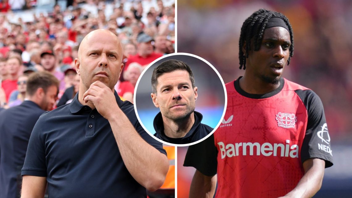 Split Image of Arne Slot, Manager of Liverpool and Jeremie Frimpong of Bayer 04 Leverkusen with inset of Xabi Alonso