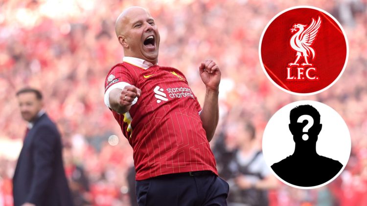 Arne Slot with insets of mystery player and A detailed view of the Liverpool FC badge