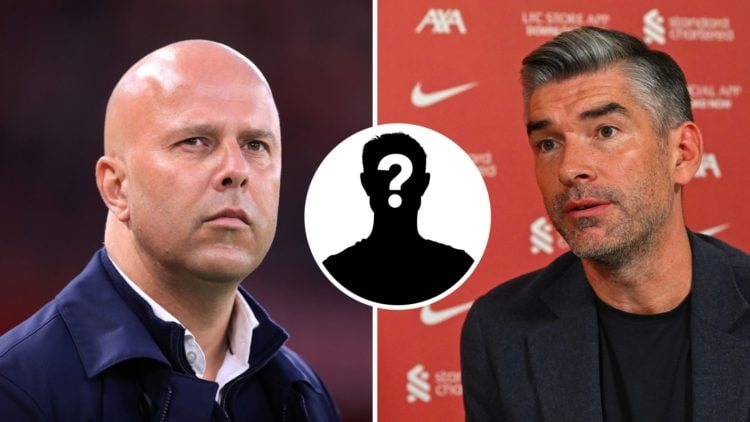 Split Image of Liverpool manager Arne Slot and Richard Hughes Sporting Director of Liverpool with inset of mystery player