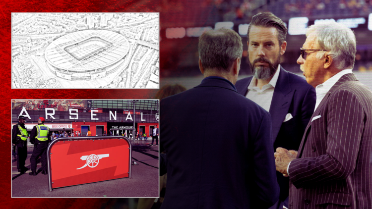 Composite image of Josh Kroenke, Stan Kroenke and two pictures of the Emirates Stadium, one aerial and one exterior
