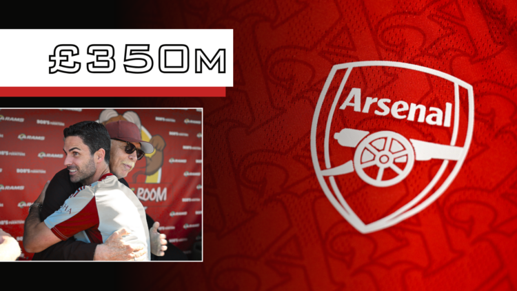 Split image with the Arsenal badge and Mikel Arteta hugging Stan Kroenke inset