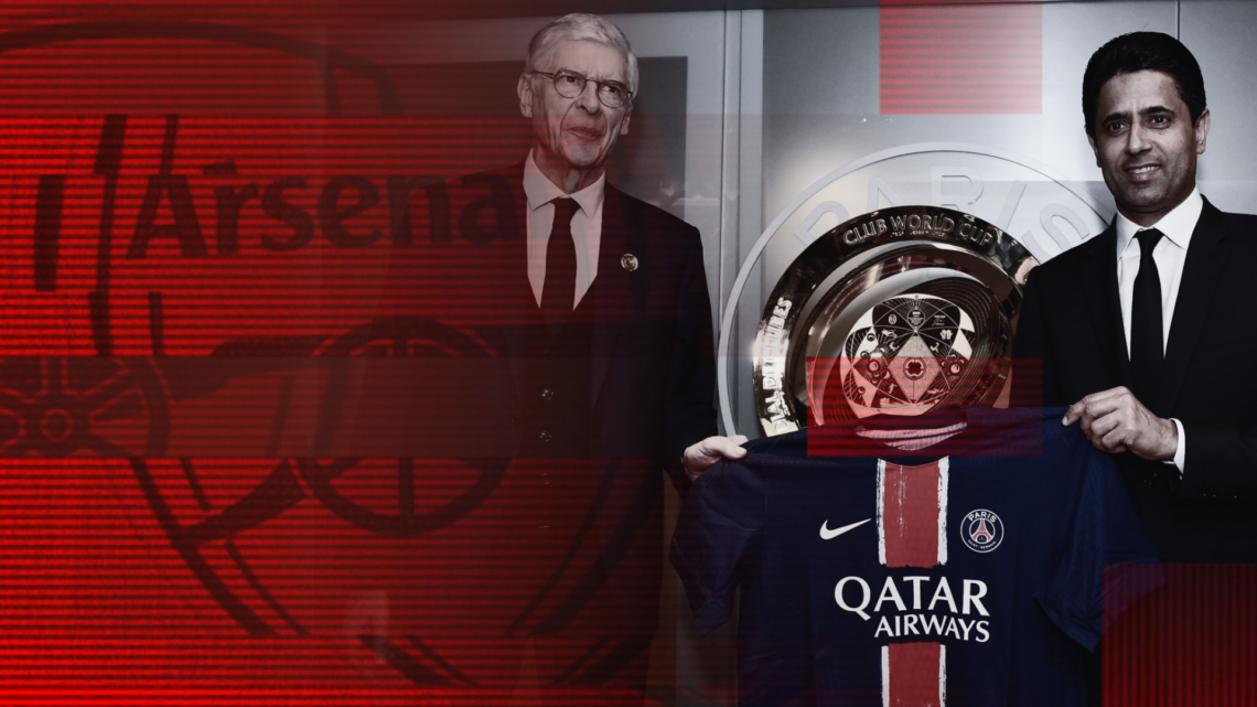 Composite image of Arsene Wenger and Nasser Al-Khelaifi holding a Paris Saint-Germain shirt, with Arsenal badge in foreground