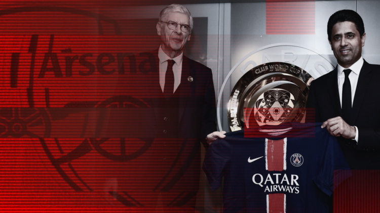 Composite image of Arsene Wenger and Nasser Al-Khelaifi holding a Paris Saint-Germain shirt, with Arsenal badge in foreground